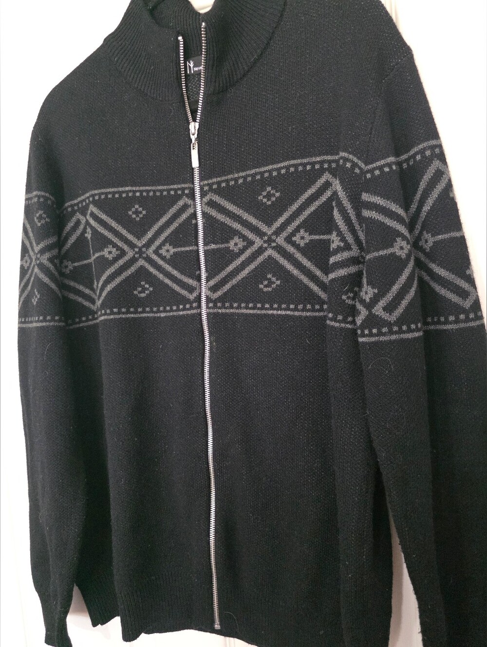 Neve Mens Full Zip Cardigan Sweater Black Gray Merino Wool Blend Size XL